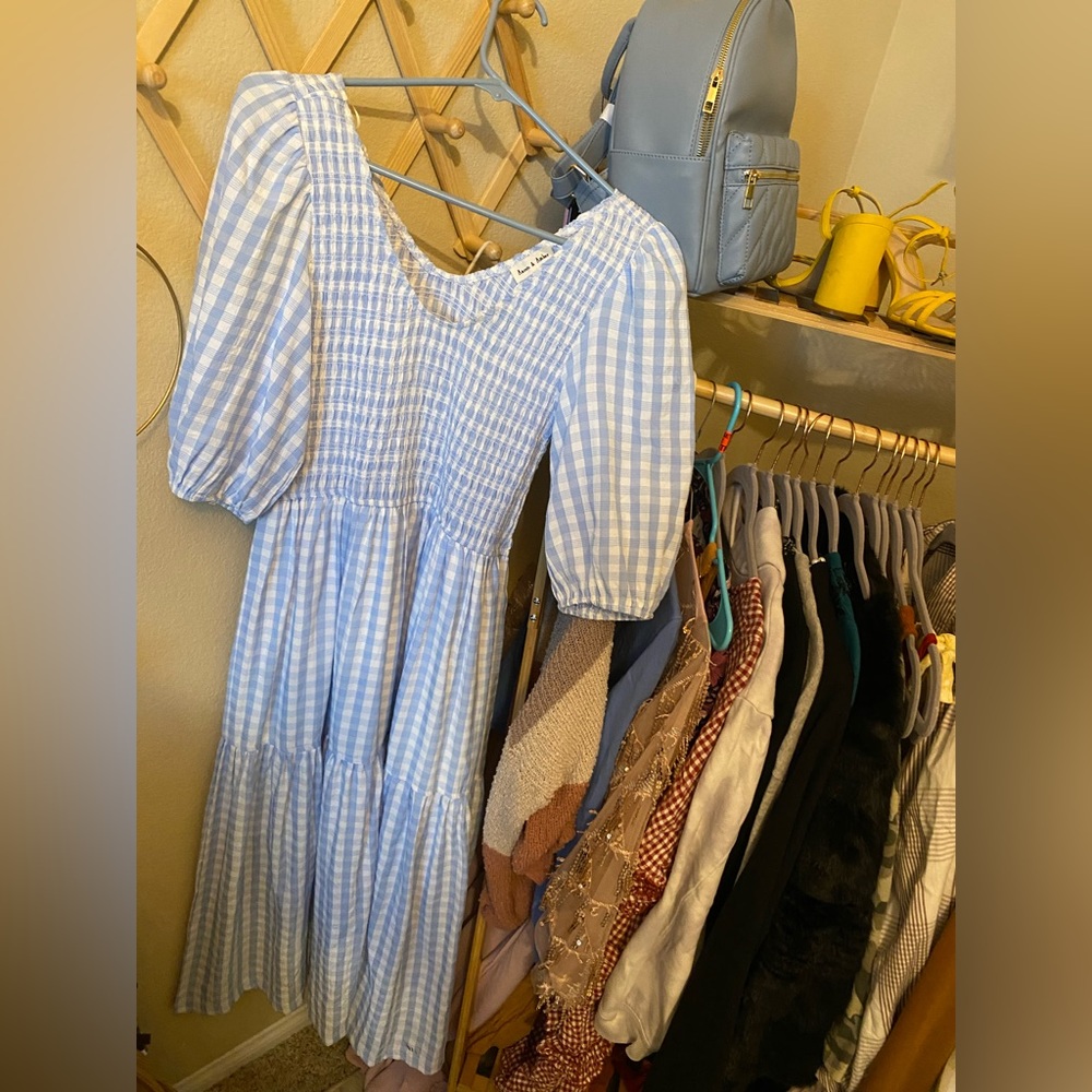 Aaron and Amber Blue Gingham Checkered Midi Dress